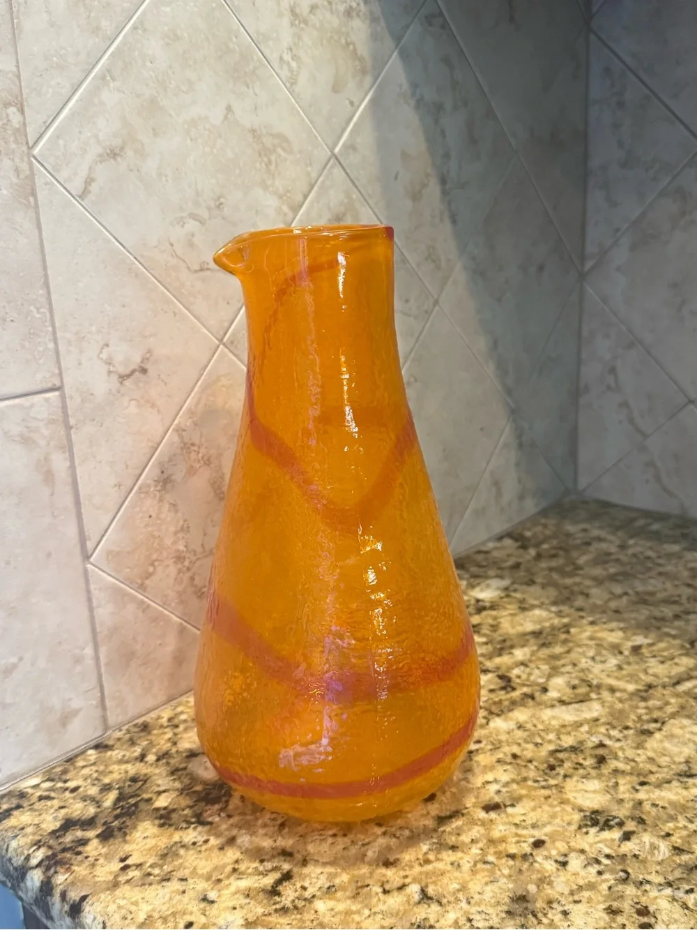 Pier 1 Imports Orange Red Swirl Mouth Blown Art Glass Canyon WATER PITCHER 11.5